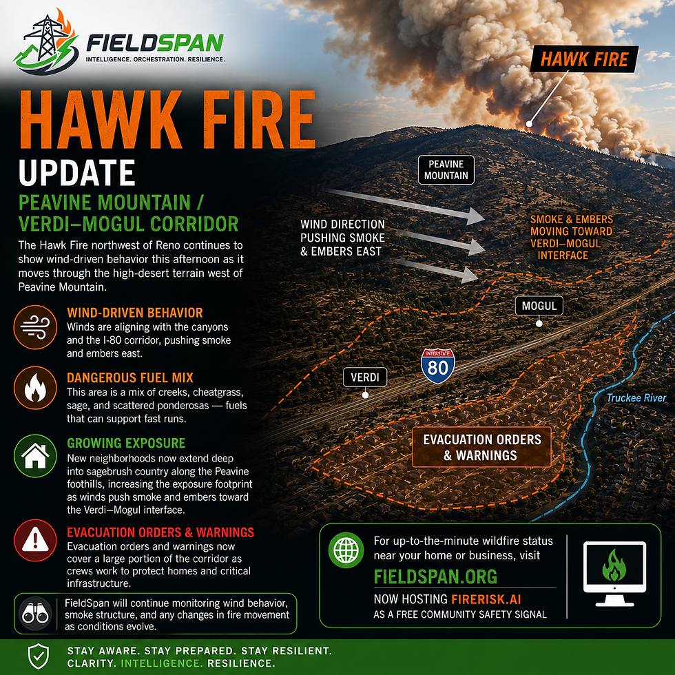 Hawk Fire update showing Peavine Mountain, Verdi, Mogul and the I-80 corridor northwest of Reno, Nevada.