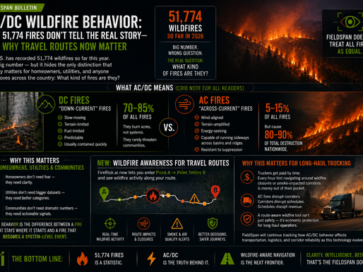 FieldSpan bulletin explaining AC/DC wildfire behavior and the importance of wildfire awareness along travel and freight routes.