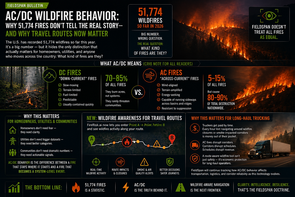FieldSpan bulletin explaining AC/DC wildfire behavior and the importance of wildfire awareness along travel and freight routes.