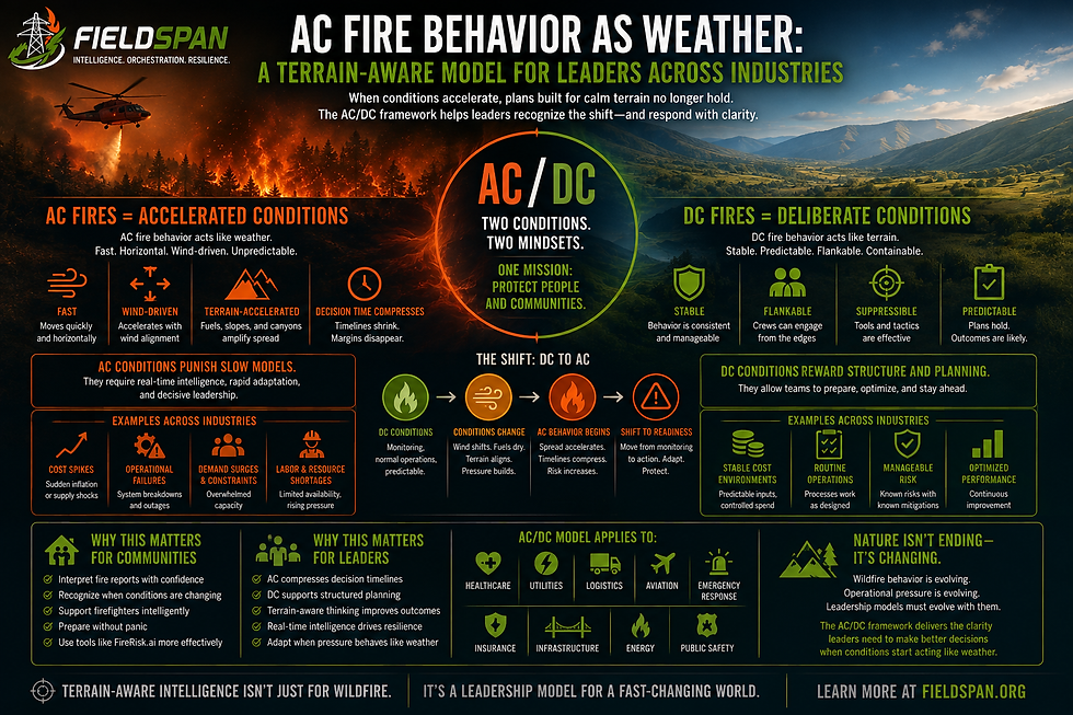 FieldSpan AC/DC framework comparing accelerated fire behavior to weather and deliberate conditions to terrain for operational decision-making.