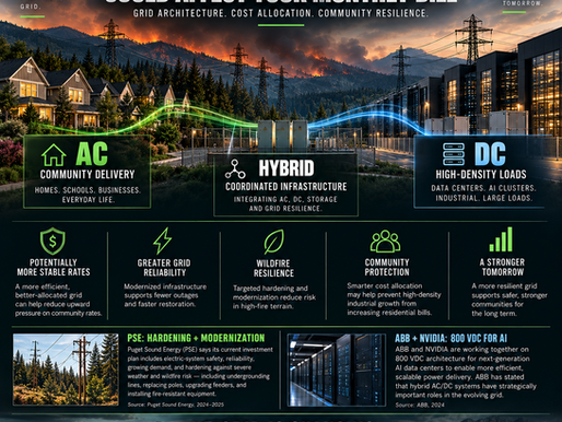 FieldSpan graphic illustrating residential AC delivery, high-density DC data center loads and hybrid grid infrastructure in wildfire-prone terrain.