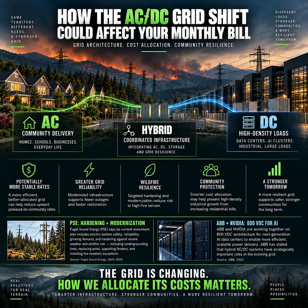 FieldSpan graphic illustrating residential AC delivery, high-density DC data center loads and hybrid grid infrastructure in wildfire-prone terrain.