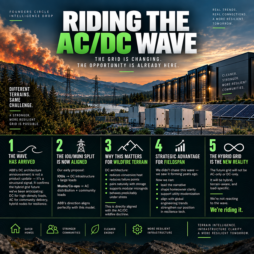 FieldSpan graphic illustrating a hybrid AC/DC grid connecting DC infrastructure, utility transmission, energy storage, wildfire terrain and resilient communities.