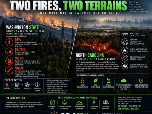 FieldSpan graphic comparing wildfire-driven utility infrastructure pressure in Washington State with underground peat fire risk in North Carolina.