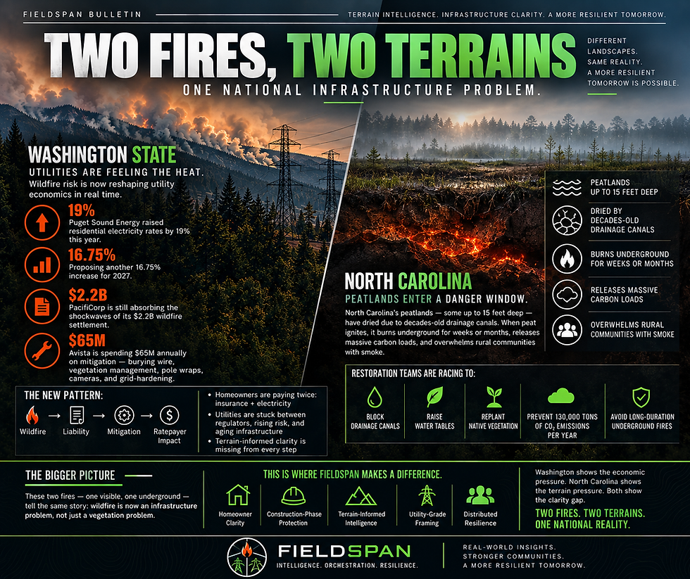 FieldSpan graphic comparing wildfire-driven utility infrastructure pressure in Washington State with underground peat fire risk in North Carolina.