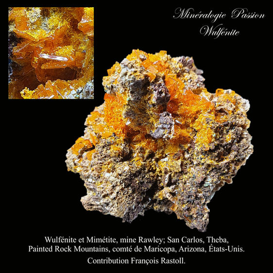 Wulfénite et Mimétite, mine Rawley; San Carlos, Theba, Painted Rock Mountains, comté de Ma