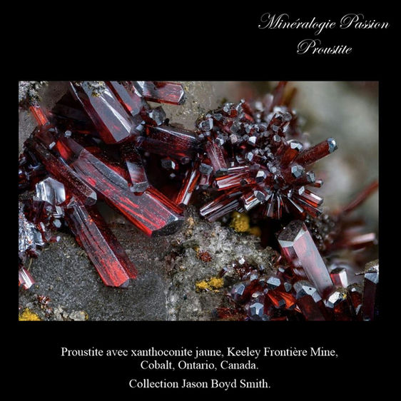 Proustite avec xanthoconite jaune, Keeley Frontière Mine, Cobalt,Ontario, Canada.jpg