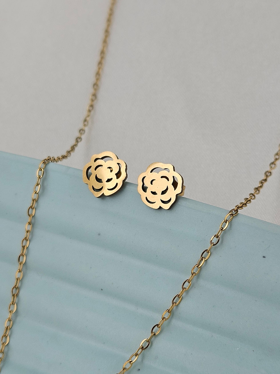 Thumbnail: Golden Blossom Stainless Steel Necklace with Earrings