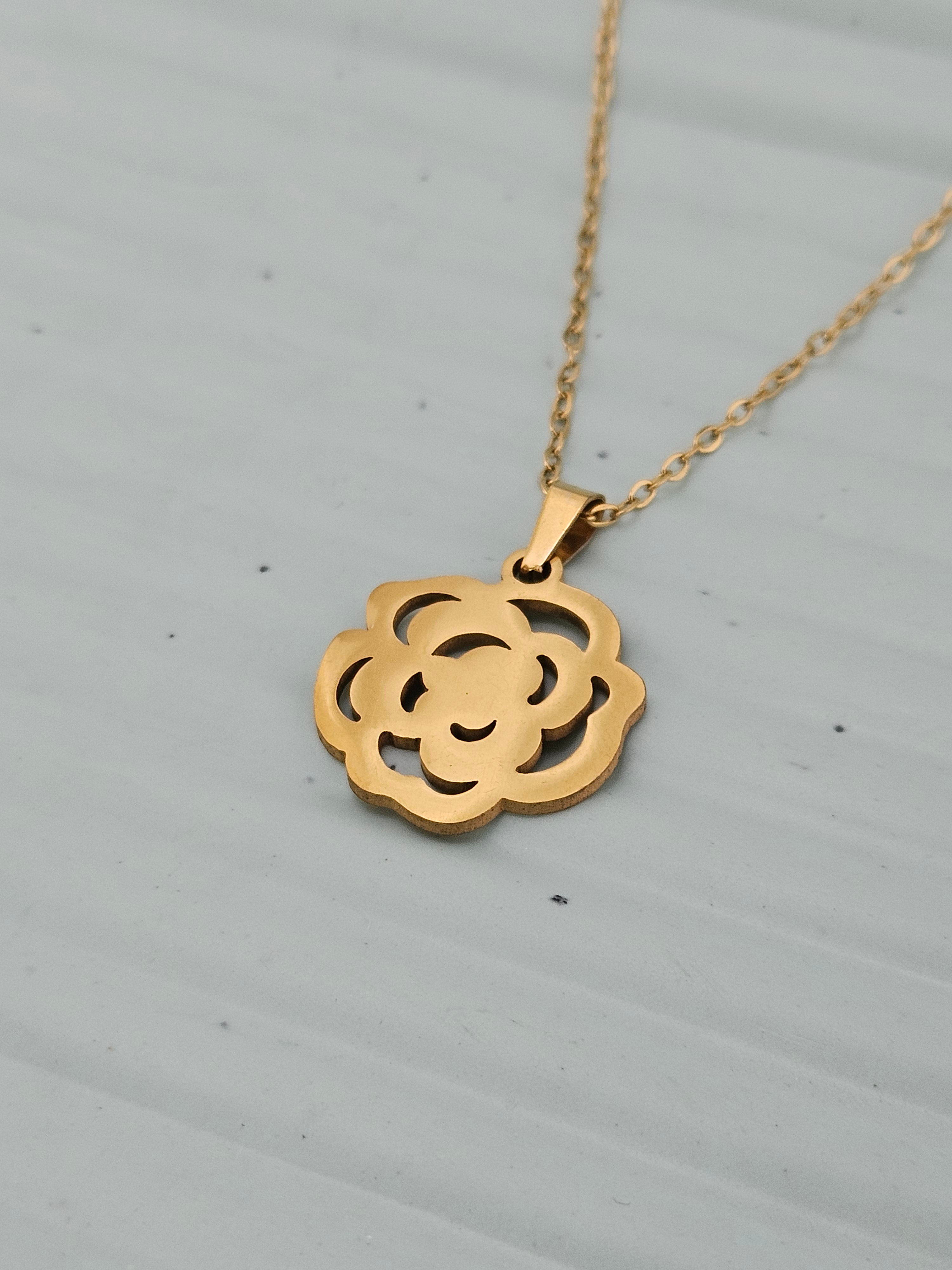 Golden Blossom Stainless Steel Necklace with Earrings