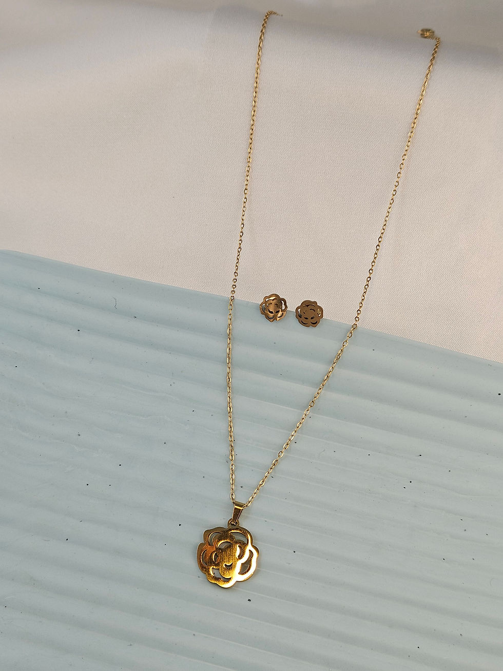 Thumbnail: Golden Blossom Stainless Steel Necklace with Earrings