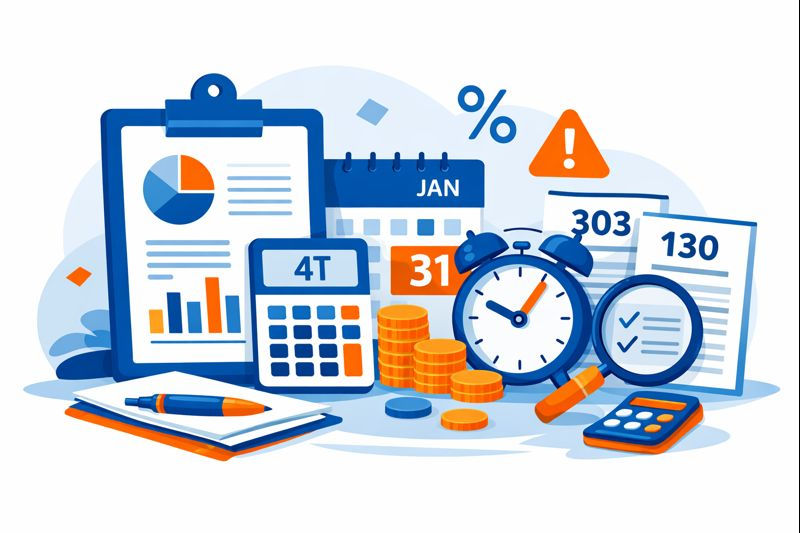 Ilustración sobre las declaraciones fiscales del cuarto trimestre en enero, con modelos de IVA e IRPF, calendario, calculadora y documentos contables