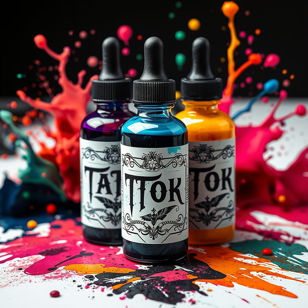 A vibrant array of tattoo ink bottles showcasing colors used in artistry.