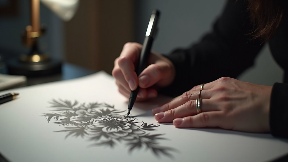 Close-up view of artist sketching a custom tattoo design