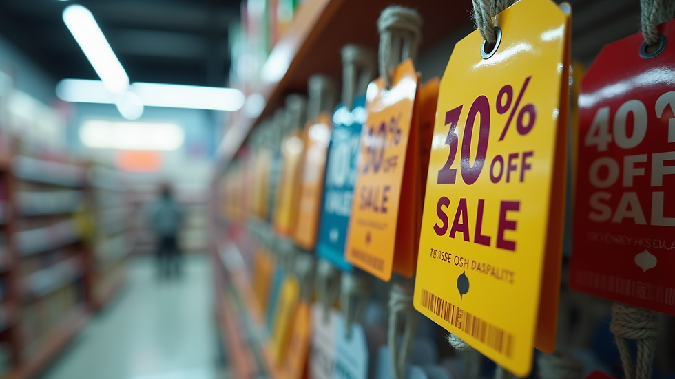 Close-up view of price tags showing discounts in a store in Aqaba