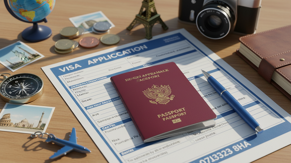 Close-up view of a passport and visa application form on a desk