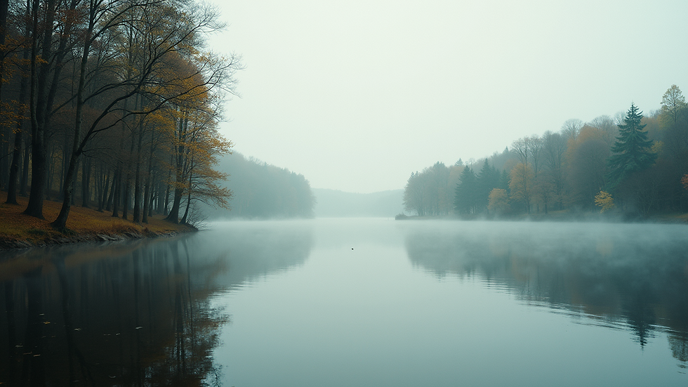 Eye-level view of a serene landscape with a peaceful lake and surrounding trees