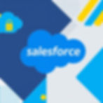 Blue and yellow geometric design featuring the "salesforce" logo in a cloud shape. A smaller cloud shows a yellow lock icon.