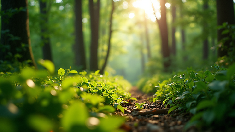 Eye-level view of a lush green forest with sunlight filtering through the leaves