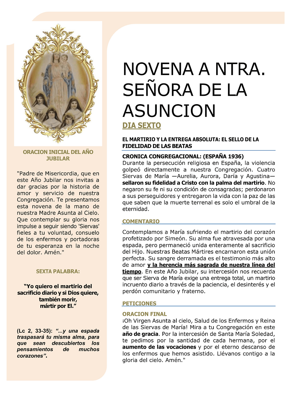 Novena a Nuestra Señora de la Asunción — Sexto Día
