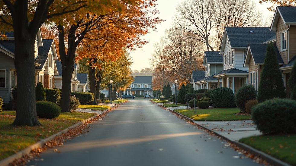 Eye-level view of a cozy suburban neighborhood street with houses and trees
