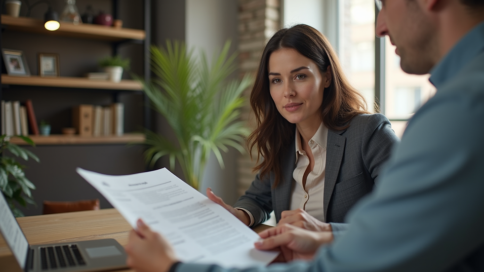 Close-up view of a mortgage advisor discussing paperwork with a client in a cozy office