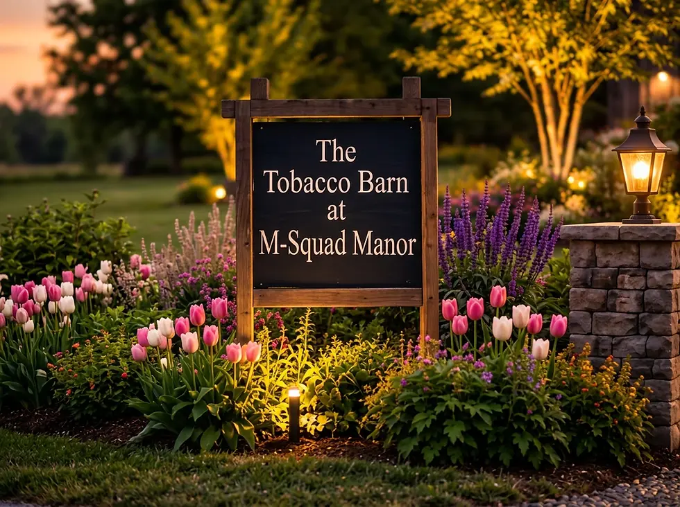 The Tobacco Barn at M-Squad Manor sign