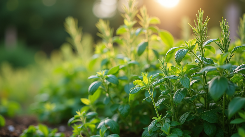 Close-up view of a vibrant herb garden with various herbs like basil, rosemary, and thyme