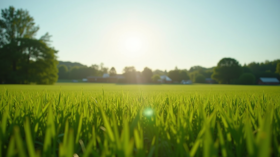 Wide angle view of the lush green fields at M-Squad Manor