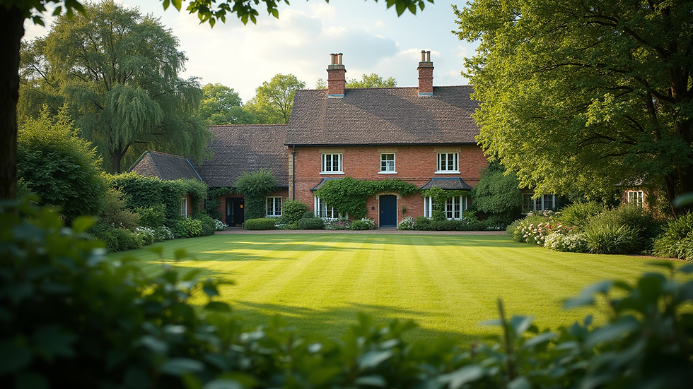 Wide angle view of the serene garden at M-Squad Manor