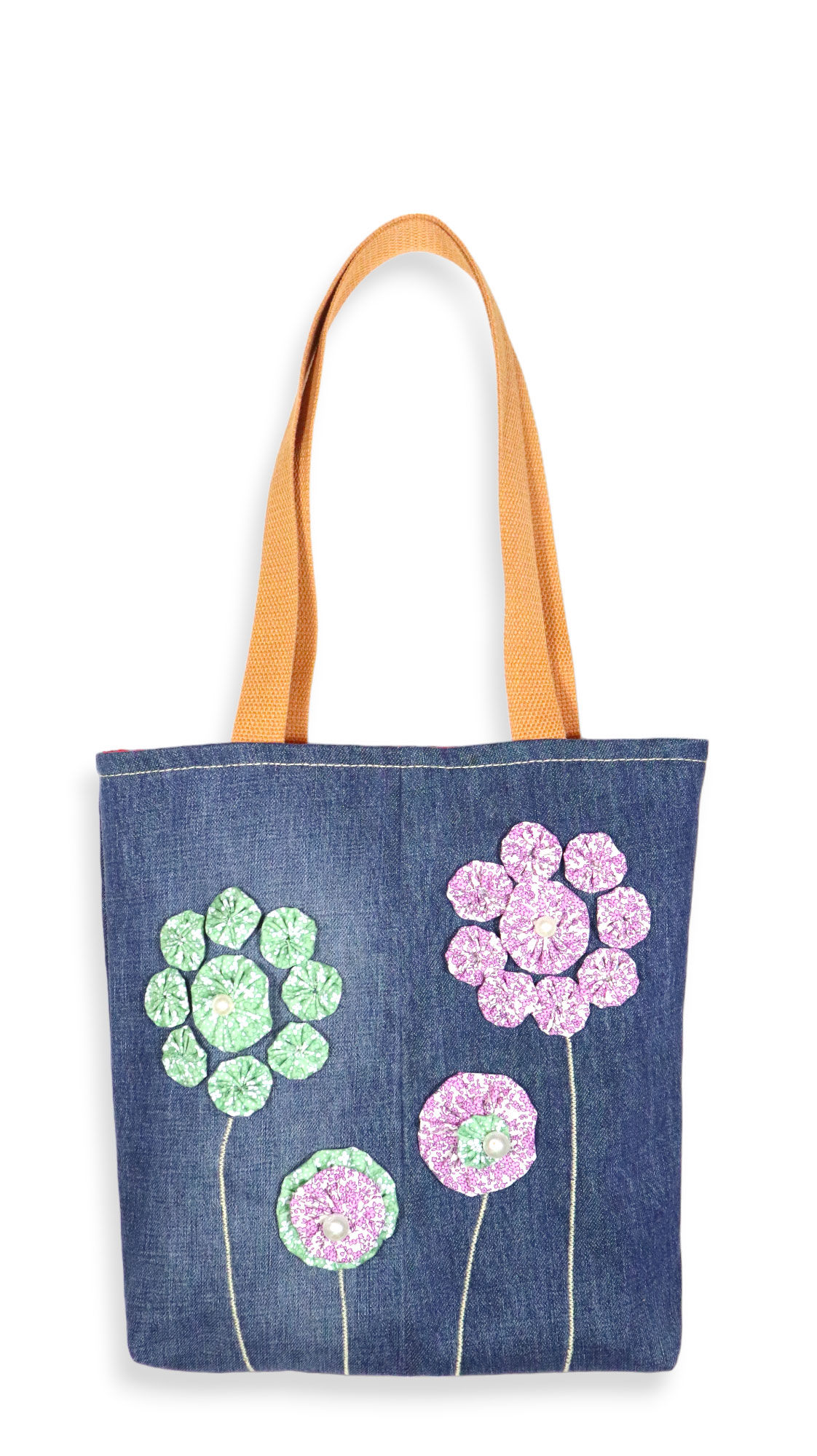 Denim Tote Bag with Fabric Embellishments