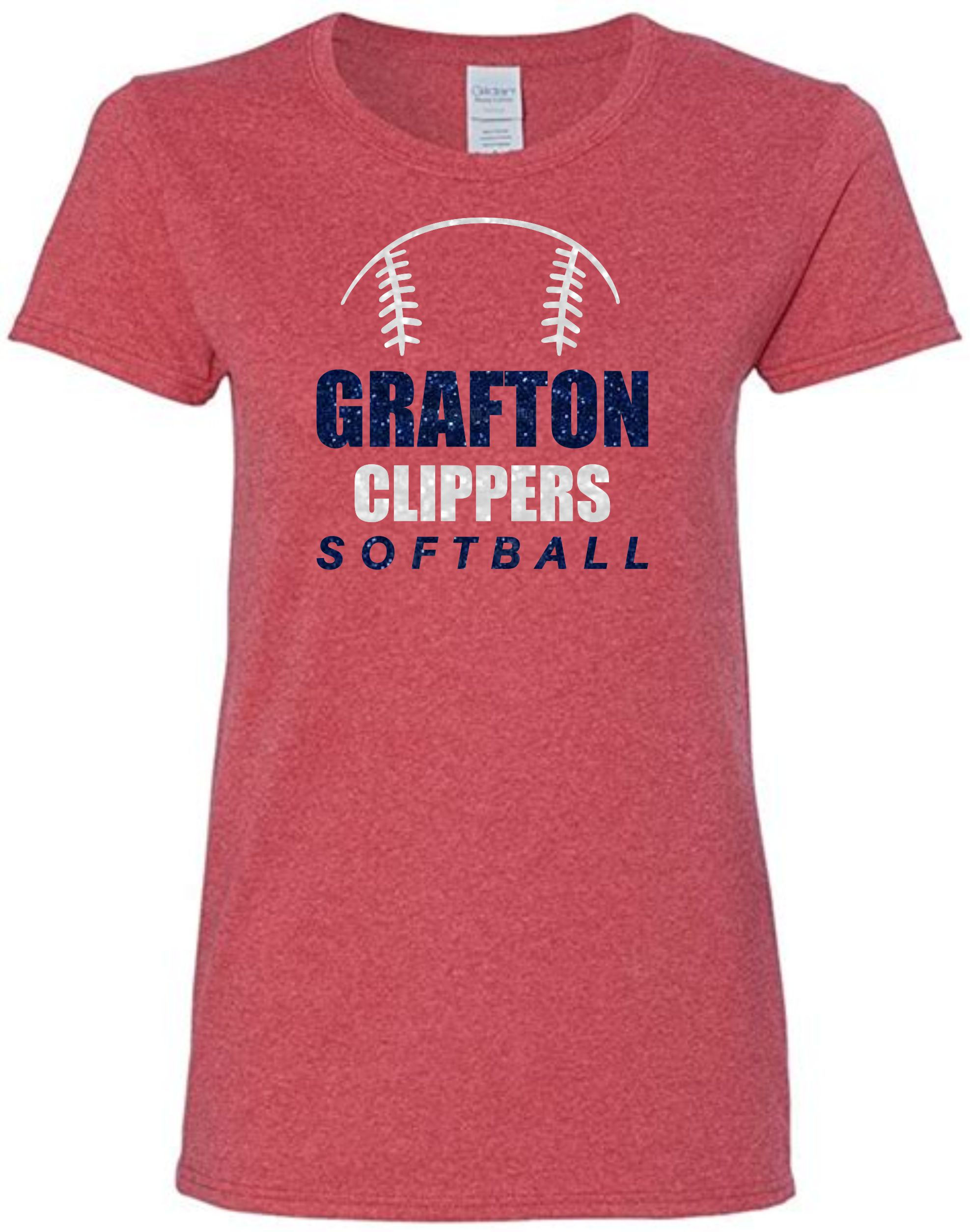 Red Gildan Ladies T Shirt Navy Glitter Grafton Clippers