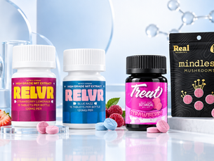 RELVR mitragynine tablets, Treat Next-Gen Botanical tablets, and Mindless mushroom-inspired tablets displayed in a modern botanical wellness product scene