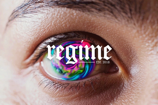 Close-up of a human eye with a psychedelic swirl in the iris and the Regime logo overlaid, symbolizing a mind-expanding experience.