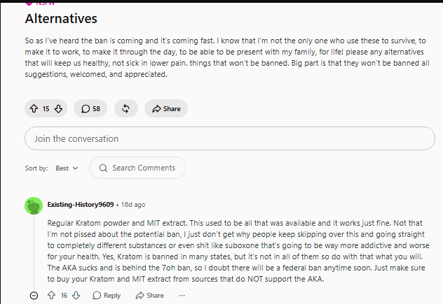 Reddit post titled Alternatives with a long comment thread about banning kratom and safer substitutes on a white page.