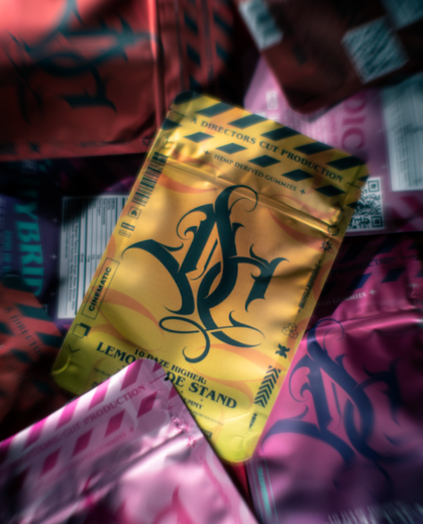 A close-up of Directors Cut Lemonade Stand gummies, mushroom and hemp-derived, designed for mood enhancement and relaxation.
