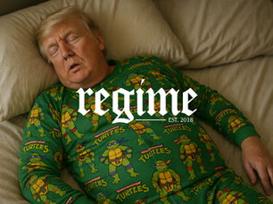 Man peacefully sleeping in bed wearing Ninja Turtles pajamas with Regime Vape & Smoke branding