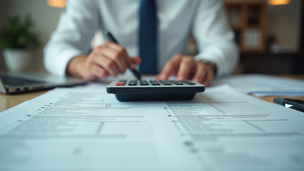 Eye-level view of a tax service office with a calculator and tax forms