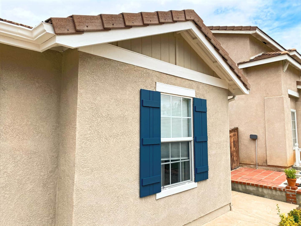 alt="Exterior painting project in Wildomar by VB Painting Services, featuring freshly painted eaves, fascia, trim, and window shutters with a durable, clean finish"