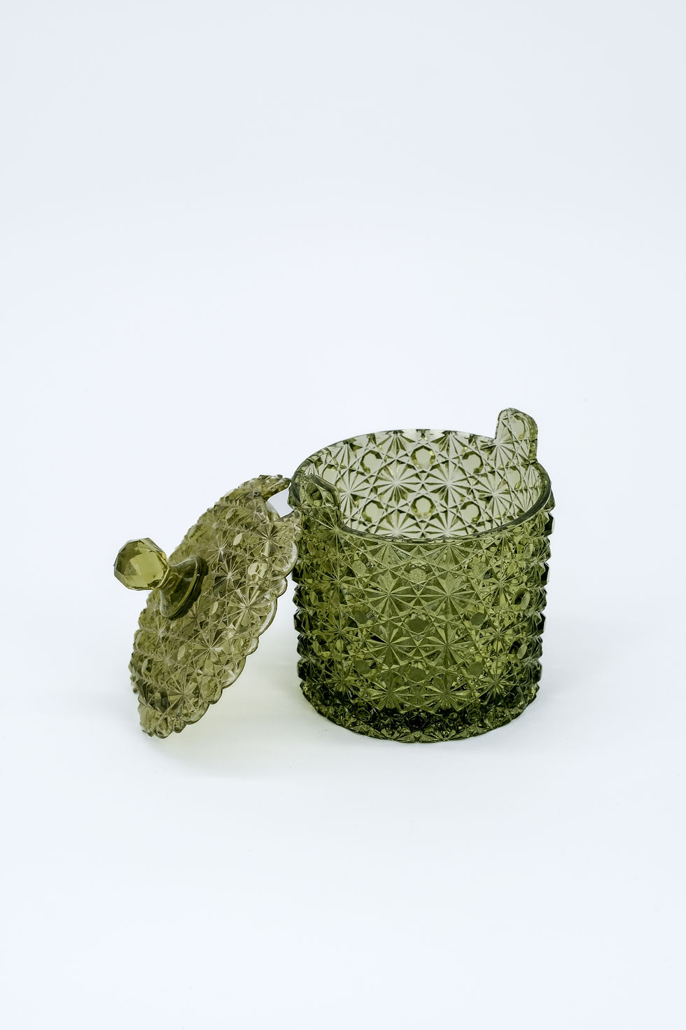 Thumbnail: Fenton Green Daisy And Button Glass Candy Dish Bucket With Lid