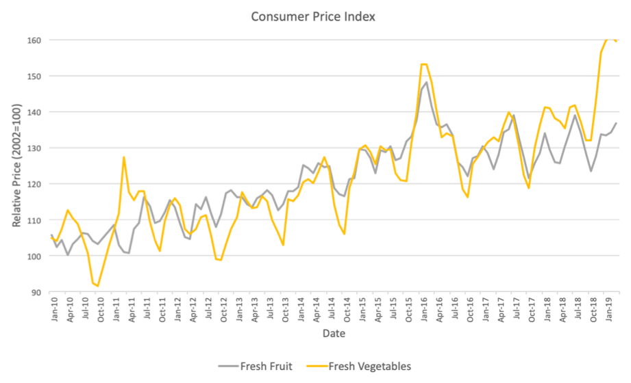 Graph showing the relative price of fruit and vegetable from January 2010 to January 2019.