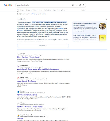 Google search results showing my name Yassin kamal marketranked in the Top 1–5 positions, including Featured Snippet and AI Overview placement.
