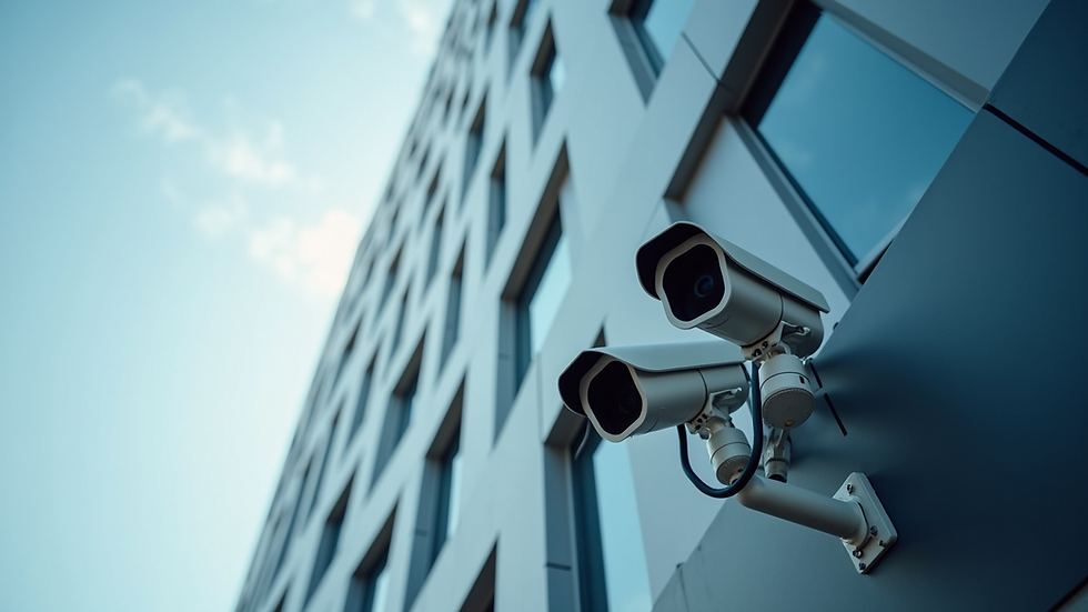 Eye-level view of a modern office building with security cameras installed