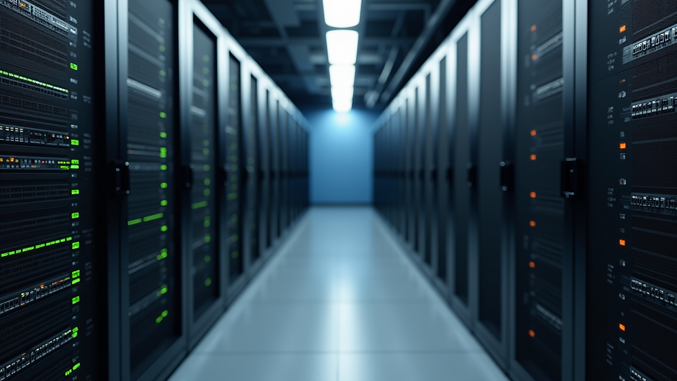High angle view of a server room with racks of network equipment
