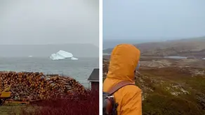 A photo collage of an iceberg and rainy landscape