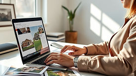 A real estate agent at a modern desk typing on a laptop with property photos spread around