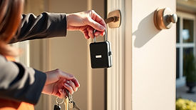 A real estate agent hanging a small lockbox over the exterior door knob of a modern suburb
