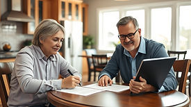 A homeowner and real estate agent seated at a kitchen table reviewing documents on a table