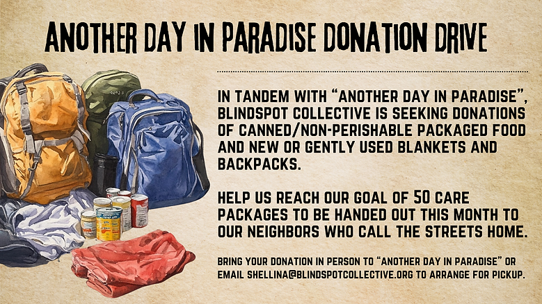 Watercolor-style backpacks and cans of food with informative text about the donation drive done in tandem with 'Another Day in Paradise'