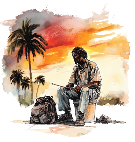 A watercolor-style image of a black man sitting on a bucket outside with a backpack at his feet, framed by palm trees and a sunset