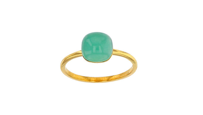 Bague solitaire Chrysoprase bombée sertie 4 griffes, Or Jaune 18 carats